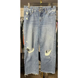 Express Jeans Womens Sz 0/R Straight Ankle Blue Distressed Ripped Denim Mid Rise